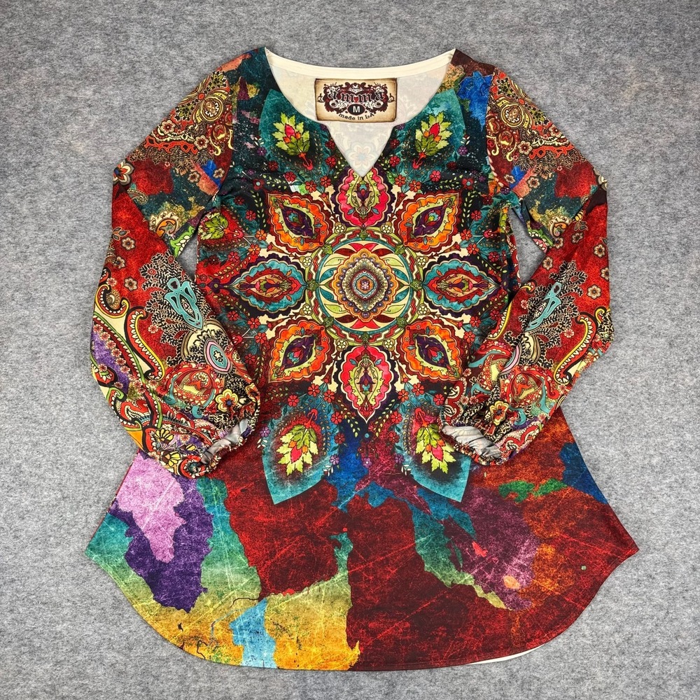 Amma Design V-Neck Blouse 3/4 Sleeve Colorful USA‎ Made Womens Medium M